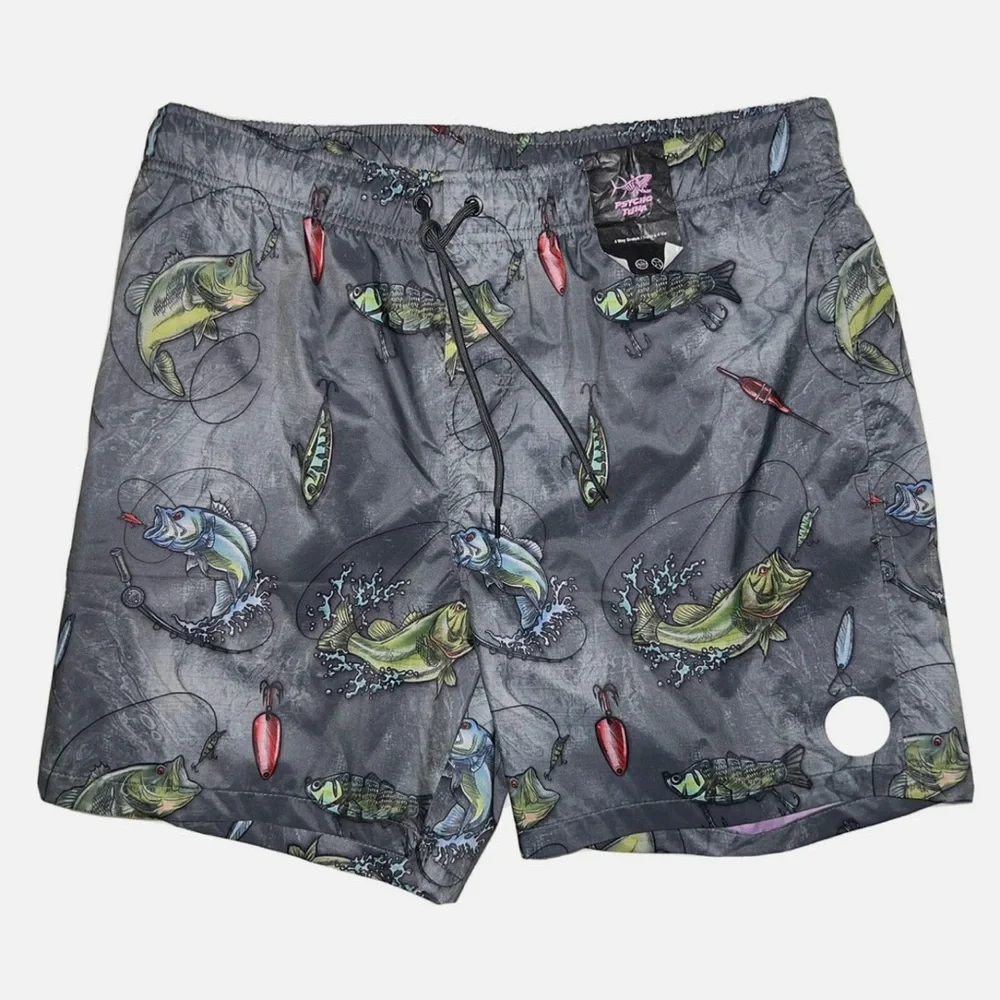 NWT Psycho Tuna Medium Reel Em In Fish Charcoal Print Board Shorts Swim Trunks‎